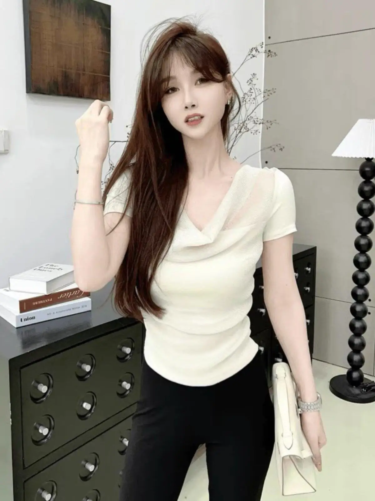 Summer Ice Silk Mesh T-Shirt Women's Pink Drawstring Waist Short Sleeve Gathered Slimming Effect Korean Style Commute Style