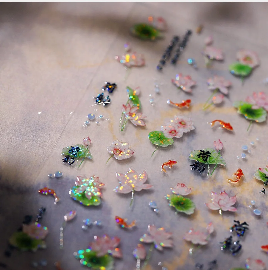 5d polarisierte rosa Lotus Nagel aufkleber hochwertige grüne Blatt Koi Design selbst klebende Nagel aufkleber chinesischen Stil Nagel aufkleber