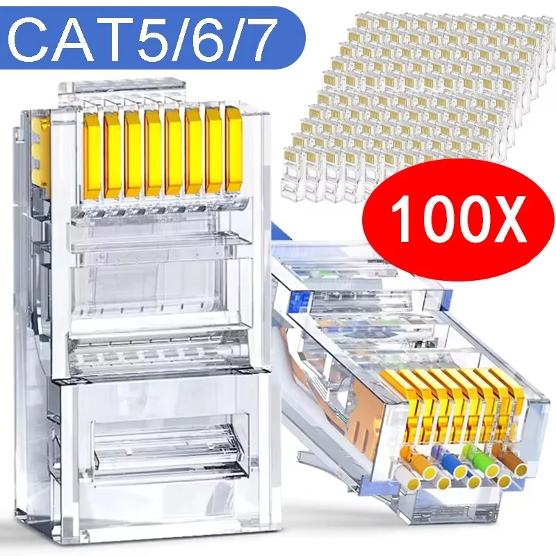 100pcs RJ45 Cat6 Pass Through Connector Network Unmodule Plug Network RJ-45 Crystal Head Ethernet Cables Perforated Crystal Head