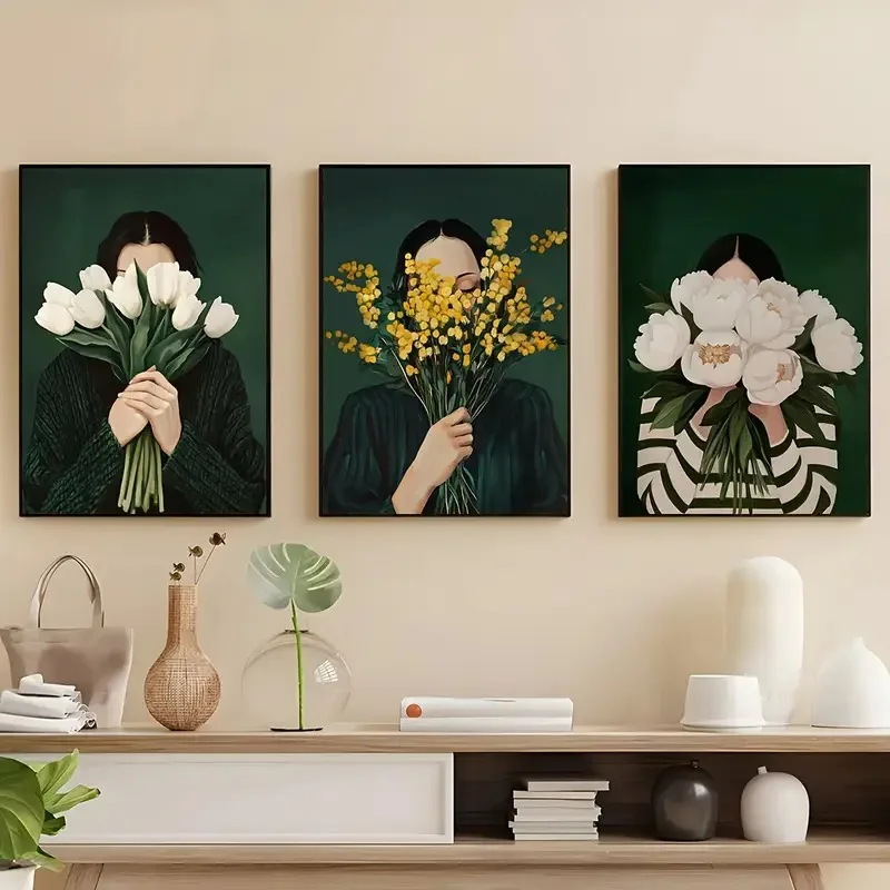 1pc (No frame),Green Abstract Figures Canvas Print with Flower Woman Minimalist Japandi Female Portrait Art Poster for Modern Li