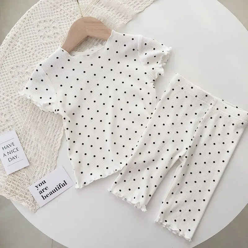 Baby Pajamas Summer Thin Set Polka Dot Stylish Girls Summer Outfit Two-piece Home Outfit Children Air-conditioned Suit