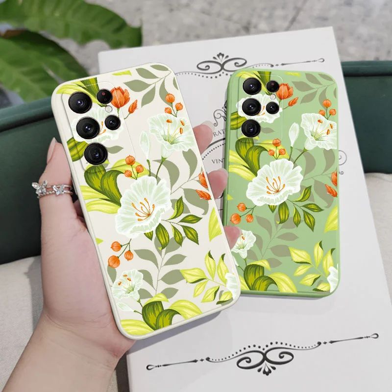 Green Leafy Lily Phone Case For Samsung Galaxy S24 S23 S22 S21 S20 Ultra Plus FE S10 S9 S10E Note 20 ultra 10 9 Plus Cover