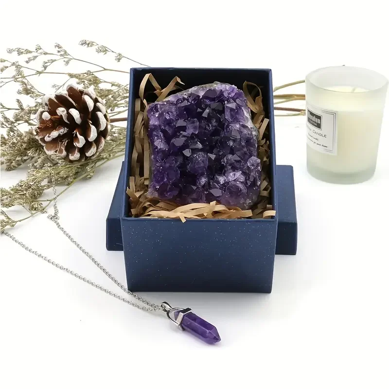 طقم مكون من قطعتين من حجر الجمشت الطبيعي - يخفف من القلق ويجلب الثروة، هدية مثالية للعائلة والأصدقاء