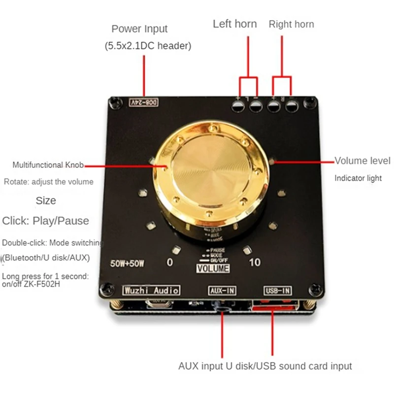 ZK-F502H Cool Volume TPA3116D2 Stereo 50W+50W Indicating Bluetooth Amplifier Board Module Set Kit