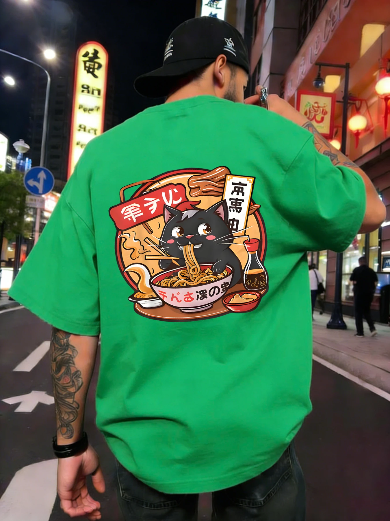 Cat Enjoying Delicious Lamian Noodles T Shirt Man O-Neck Casual Basics Tee Summer Cotton Trendy Sportswear Unisex Loose Clothing