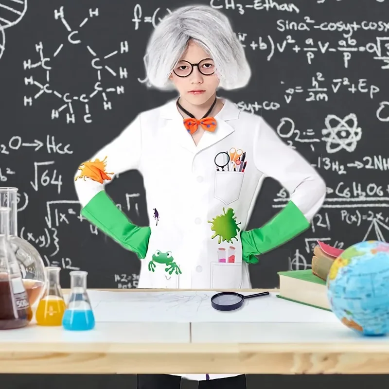 زي عالم جنون جديد لعام 2025 للأطفال - معطف مختبر 5 قطع مع نظارات وقفازات - زي لعب الأدوار في عيد الهالوين للجنسين