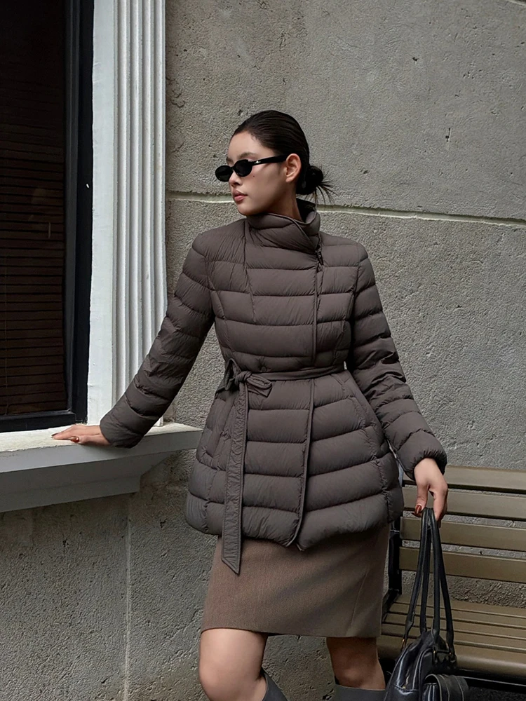Winter White Duck Down Stand Collar Outwears Women Waterproof Pork Rib Style Down Jacket Female Warm Thick Lace Up Down Jacket