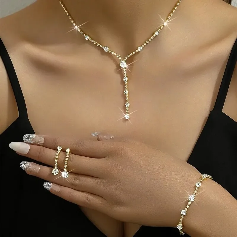 4PC Women's Fashion Trend Minimalist Water Diamond Earrings Necklace Bracelet Jewelry Set Wedding Banquet Party Festival Gift