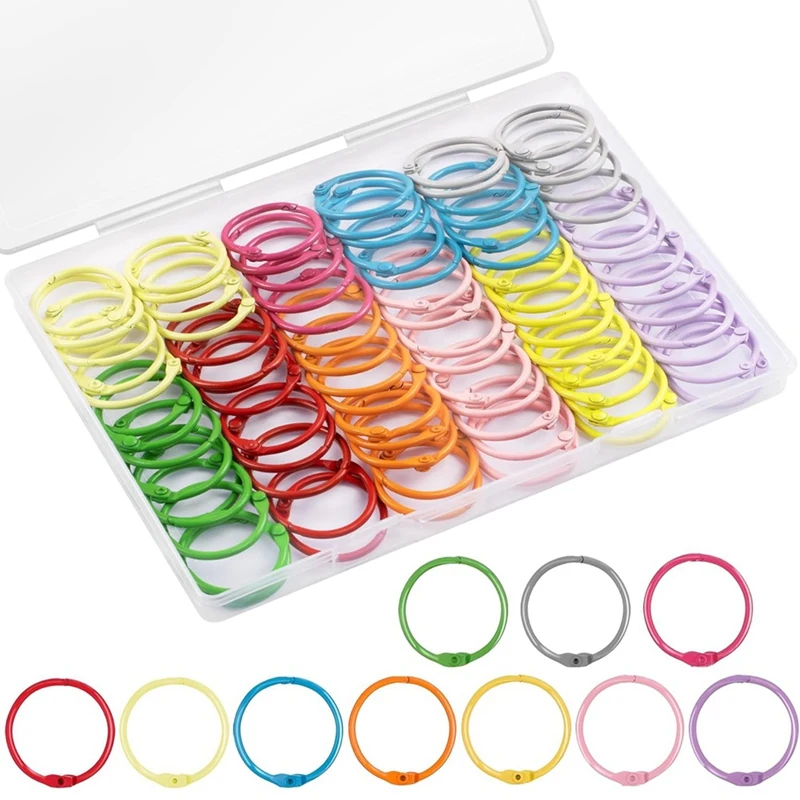 100PCS Binder Rings Set Kit With 1 Clear Organizer Box - 1 1/5 Inch Colorful Metallic Loose Leaf Paper Rings Kit