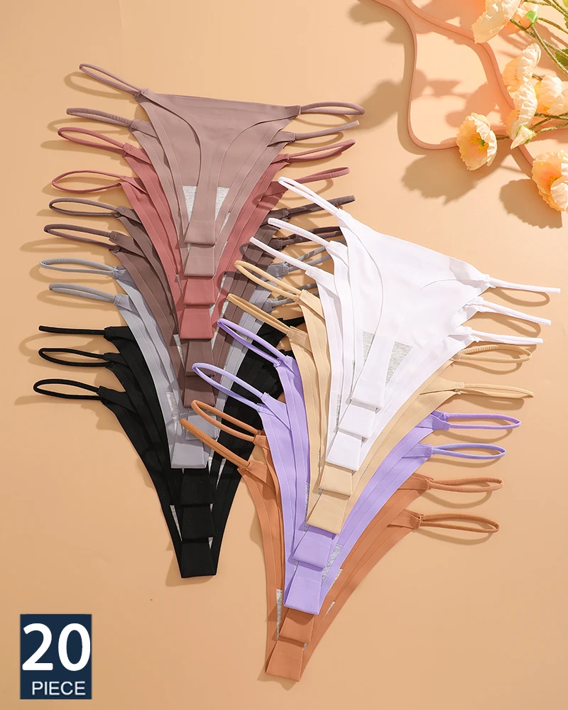 FINETOO 20Pcs/Set Sexy G-String Ice Silk Panties Thin Straps Thong Intimate Thong Low Waist Briefs Seamless Lingerie Soft T-back
