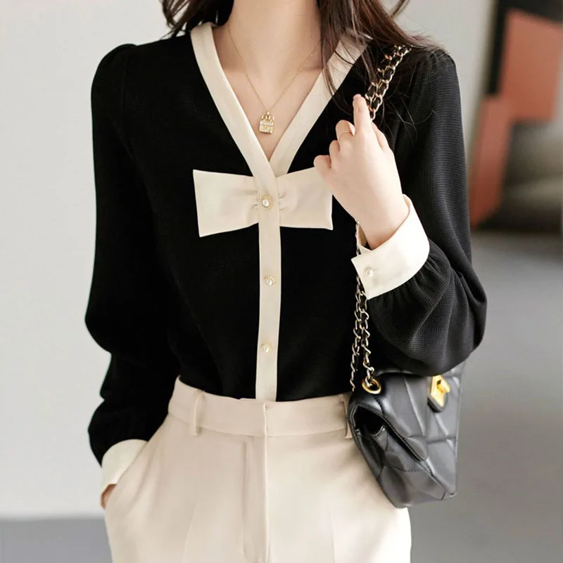 Women Clothing Fashion Chic Chiffon Top Spring Autumn Bow Popular Long Sleeve Blouse Office Lady Elegant Loose Pullover