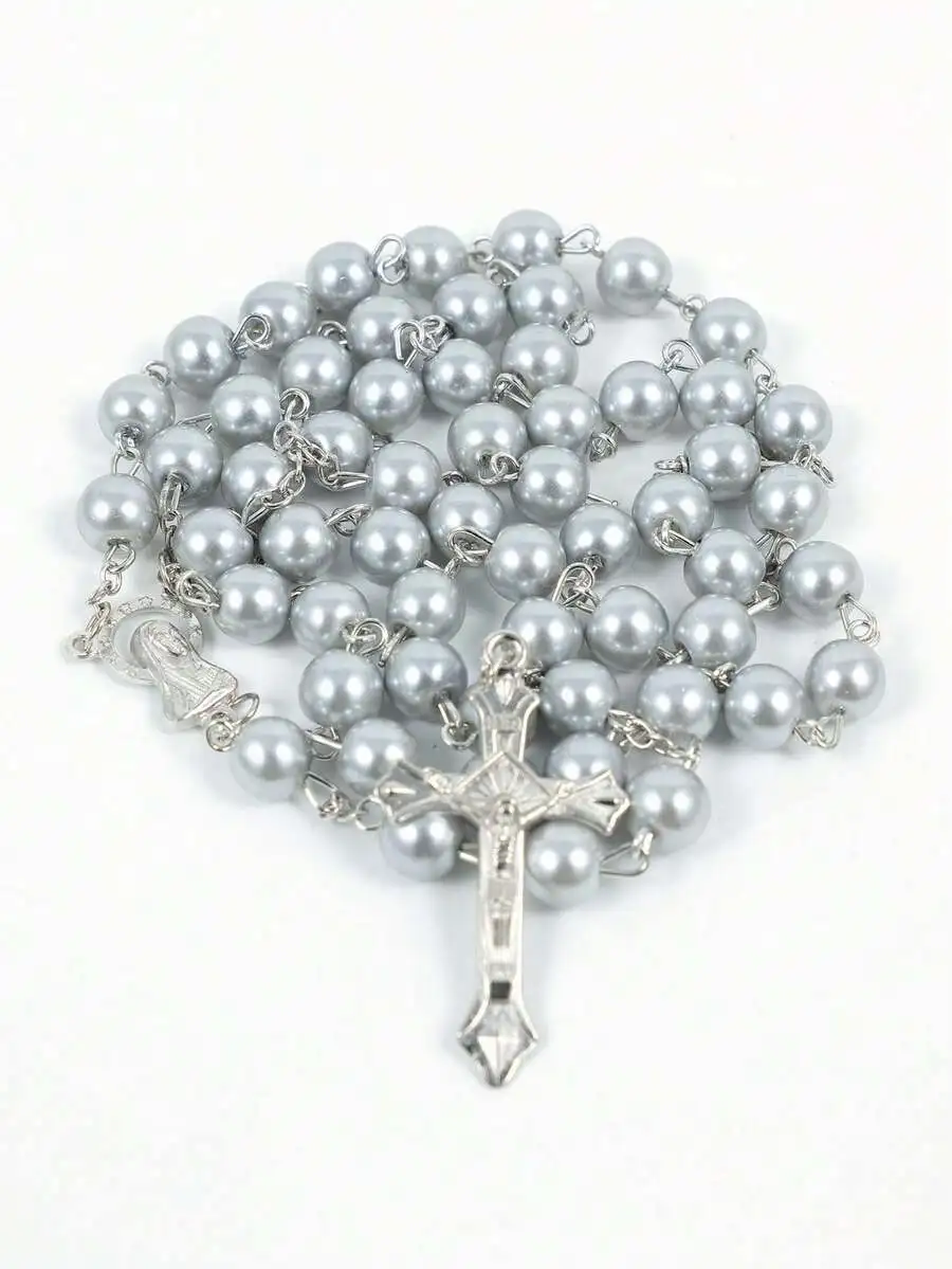 

8mm Gray Faux Pearl Beaded Rosary Necklace With Cross Pendant Minimalist Sweater Chain