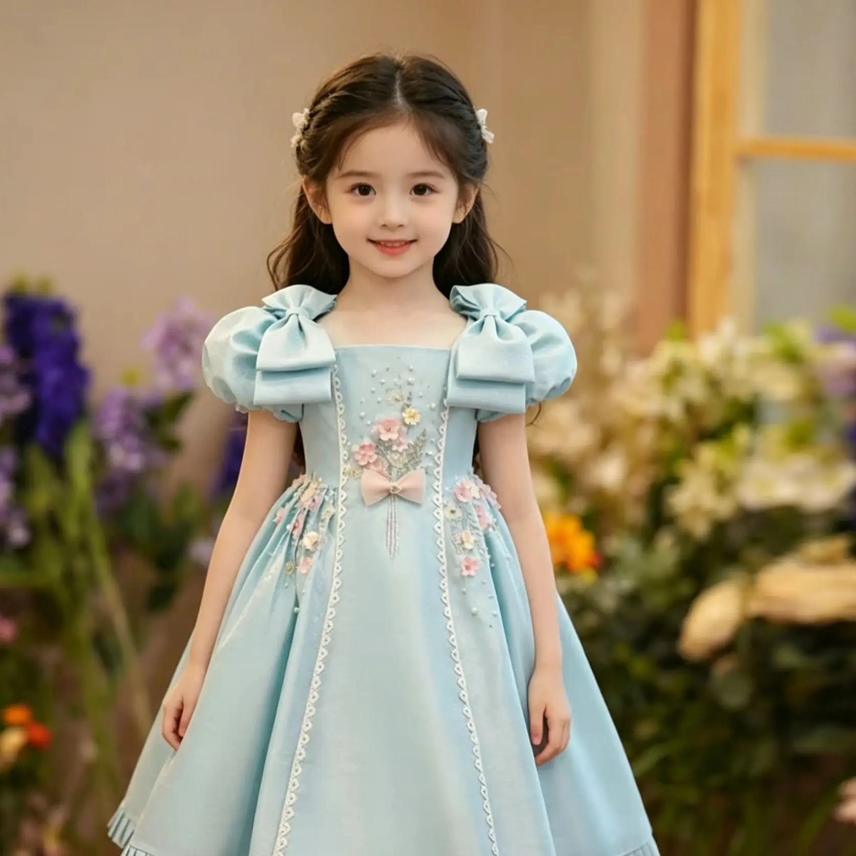 Princess Satin Flower Girl Dresses For Wedding Short Sleeves Appliqued Kids Party Birthday First Communion Gown Custom