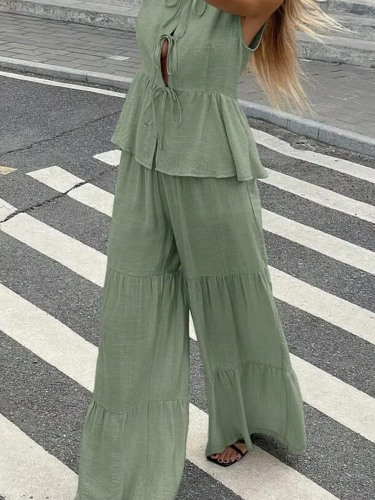 

HH Summer Women Casual Pants Suit O-Neck Sleeveless Lace-up Top+Chic Solid Elastic Waist Loose Hanging Flared Long Pant