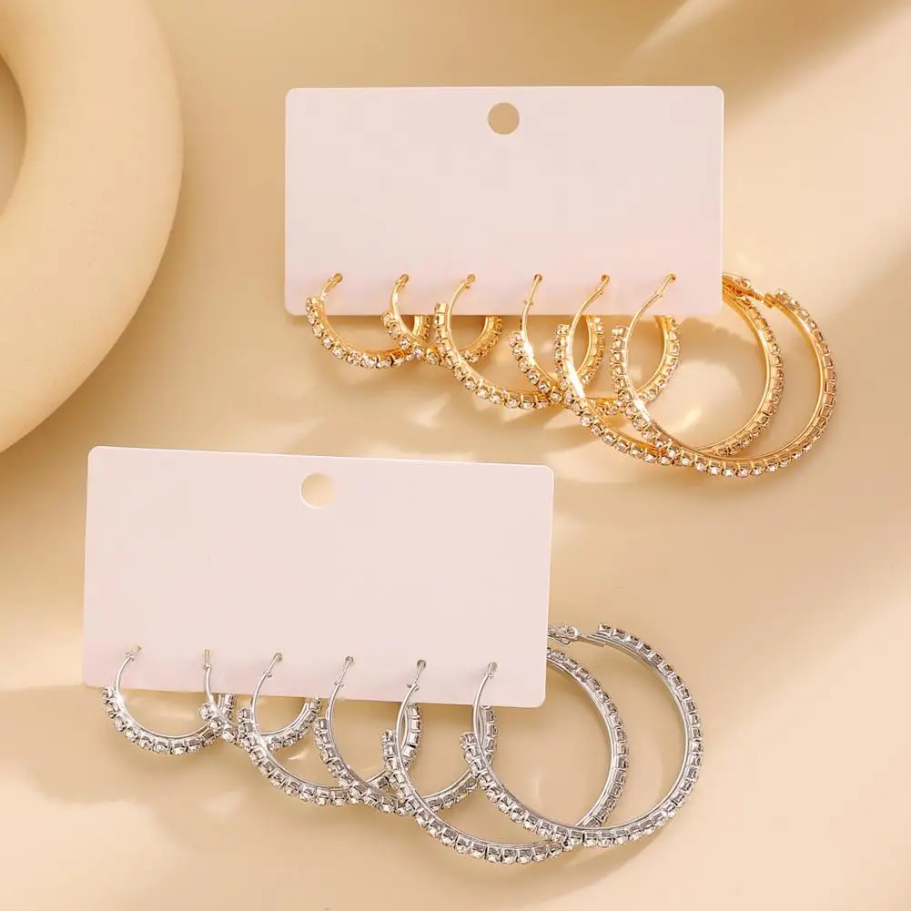 Small Earrings 3 Pairs Women Hoop Earrings Set Rhinestone Jewelry Gift Multi-size Ear-pin Closure Earrings with Stable Wearing