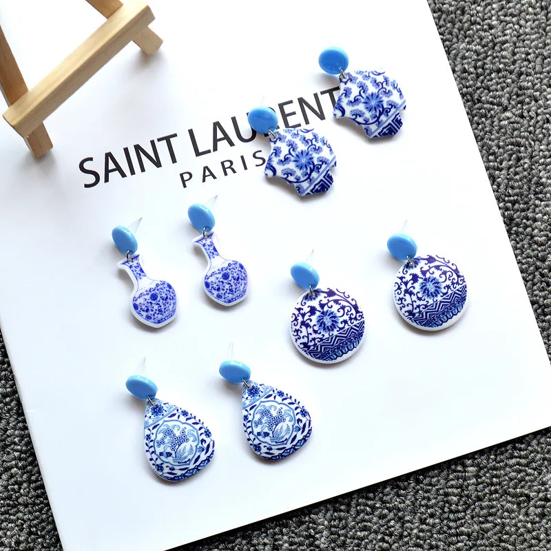 Acrylic Blue White Porcelain-Inspired Earrings Handmade Russian Style Dangle Earrings for Women Lightweight Statement gift