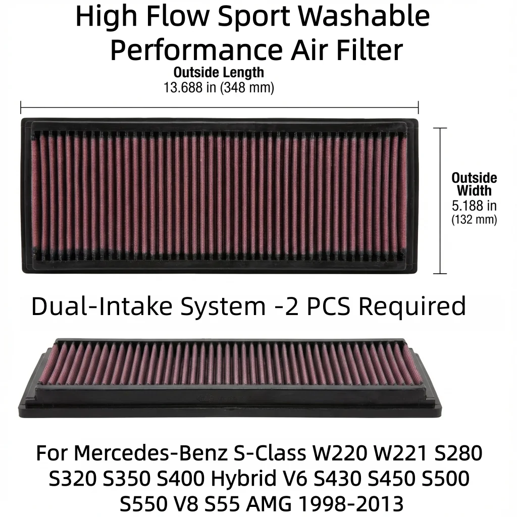 For Mercedes-Benz S-Class W220 W221 S280 S320 S350 S400 Hybrid V6 S430 S450 S500 S550 V8 S55 AMG 1998-2013 High Flow Air Filter