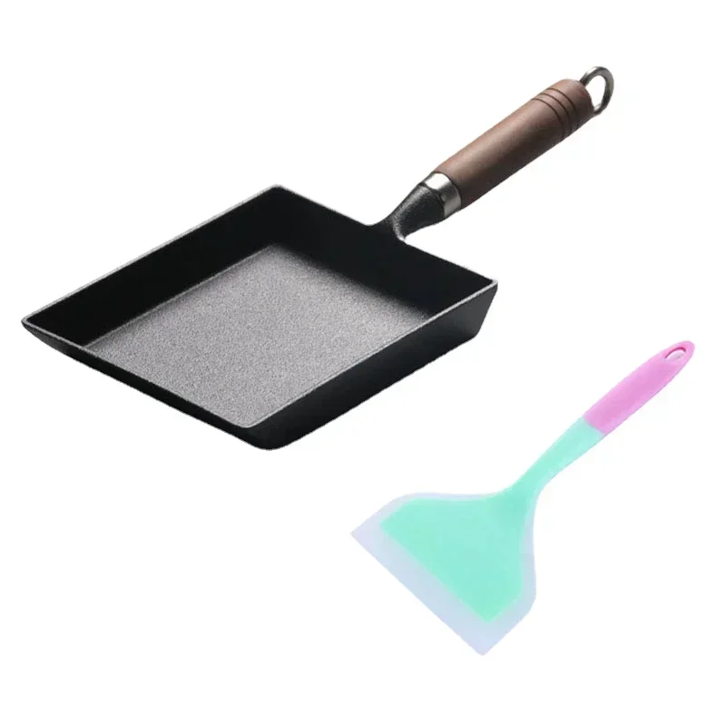 Cast Iron Egg Frying Pan + Silicone Turner/Non-stick Omelette Pan Rectangle Mini Tamagoyaki Pan/Cookware