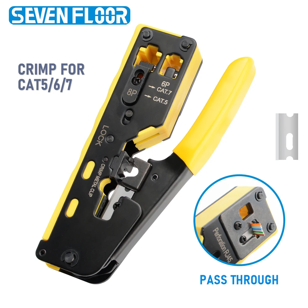 RJ45 Crimping Tool Kit Pass Through for Cat5e Cat6 Cat7 Cable with Wire Stripper Cutter Network LAN Crimper Pliers RJ12