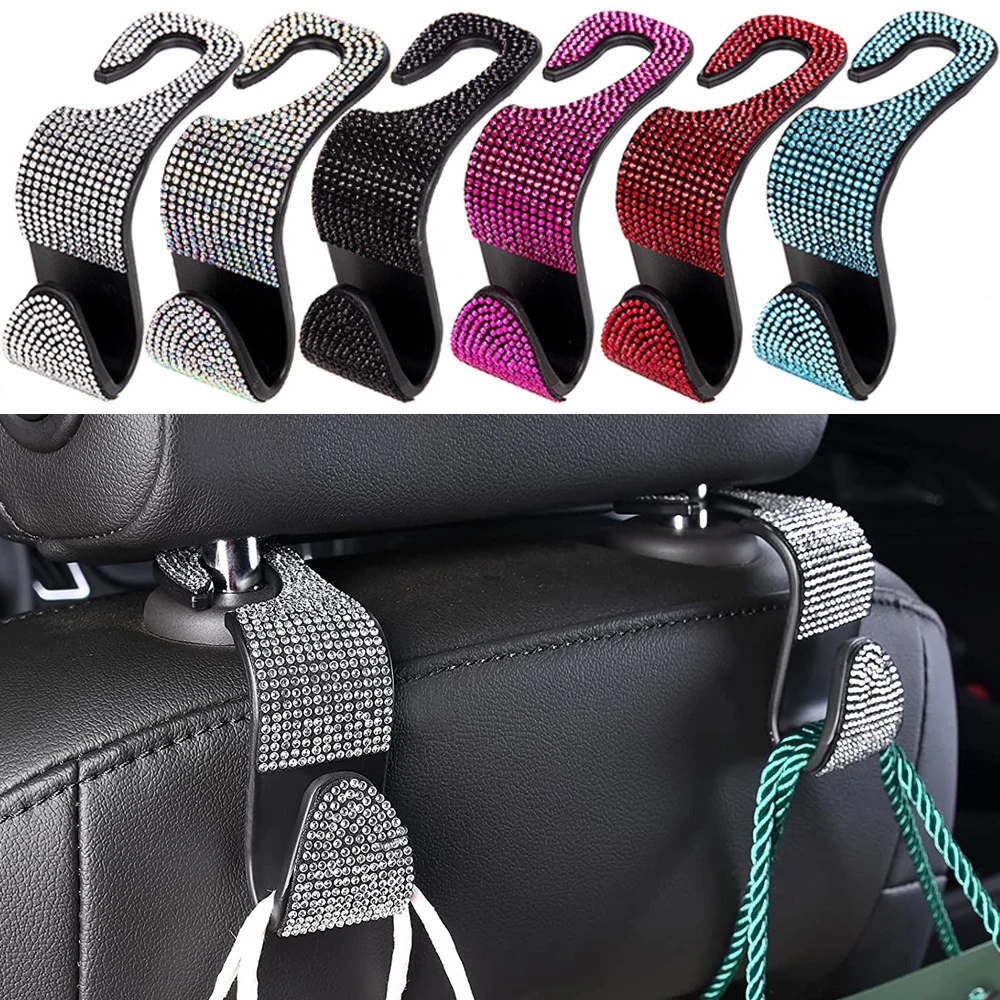 2Pcs Bling Diamond Car Seat Back Hook Switch Button Cover Water Cup Pad  Rhinestone Car Decor Storage Holder Car Accessories