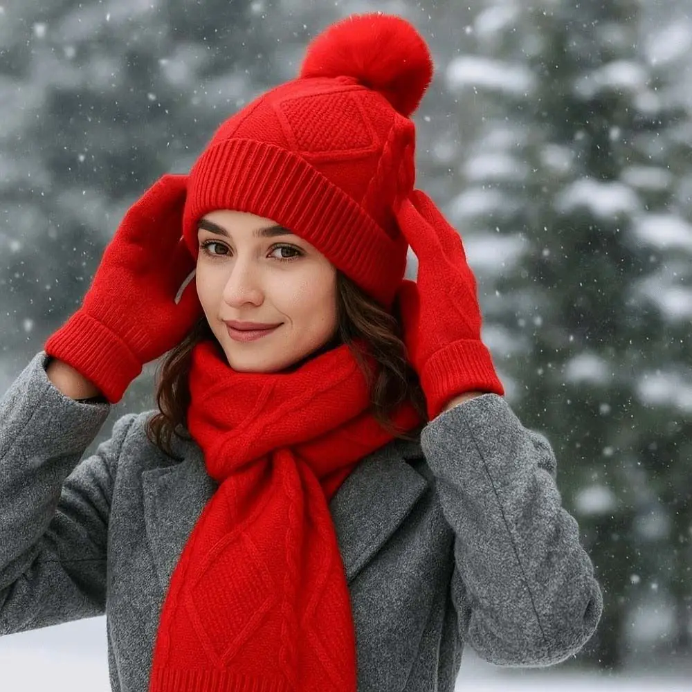 Yarmulke Elastic Scarf and Hat Set Touch Screen Warm Cold Proof Gloves Plush Ball Rhombus Patterned Knitted Scarf Cycling
