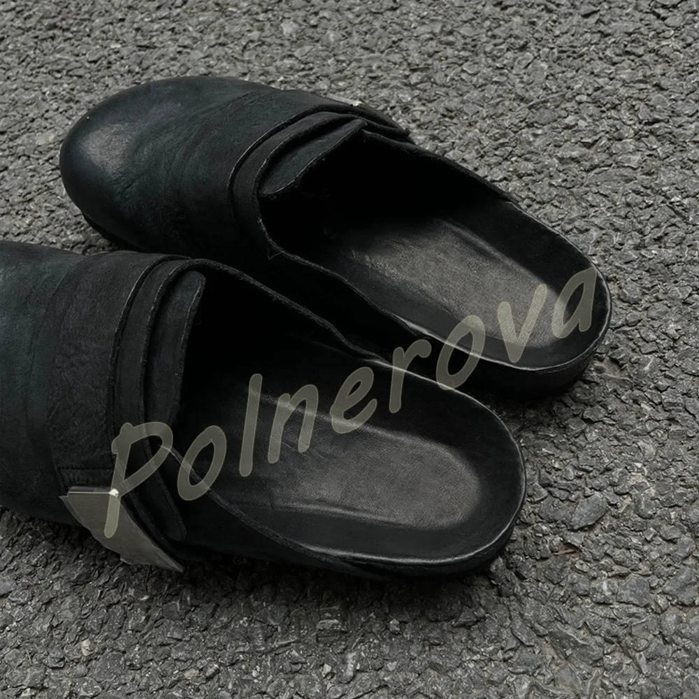Washed Leather Buckle Mule Slippers Round Toe Slip On Platform Shoes Vintage Wrinkled Leather Casual Outdoor Women Slippers