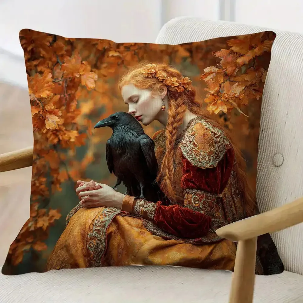 1pc Medieval Red Hair Maiden Raven Oil Painting Throw Pillow Cover 2D Double-Side Print Polyester Cushion Case for Sofa Dark Cot