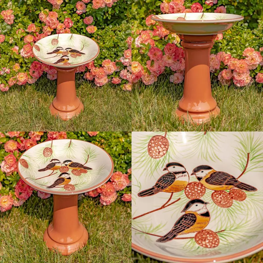 

Handcrafted Porcelain Birdbath with 15" Height, Decorative Finch Birds and Pine Tree Scenery