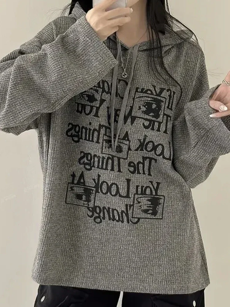 

Y2K Vintage Letter Loose Hoodies Women Streetwear Long Sleeve Harajuku Sweatshirts Korean Casual Female Gray Pullovers Tops