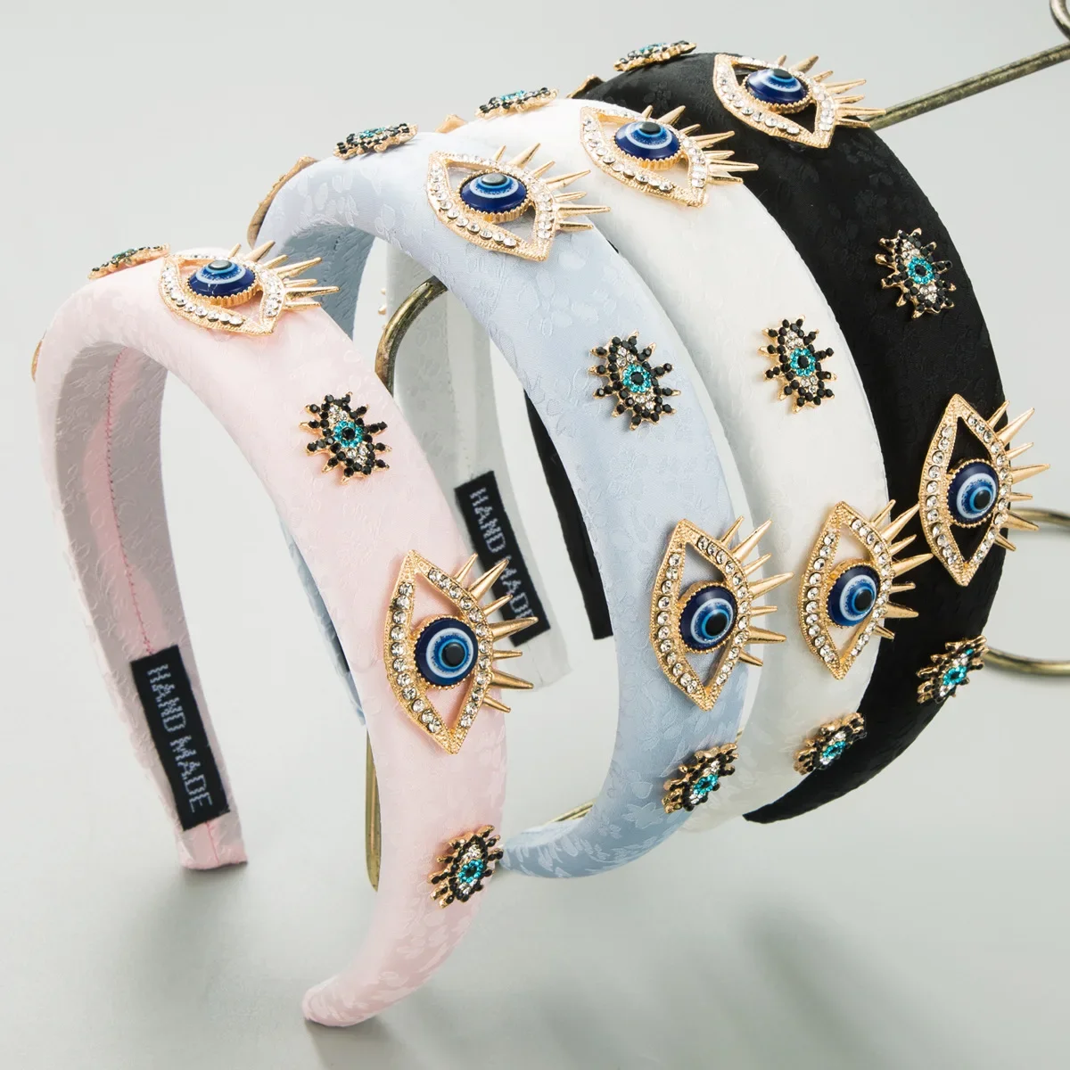 

European and American Retro Printed Fabric Alloy Diamond-Embedded Devil's Eyes Headband Female Sponge Hair Accessories