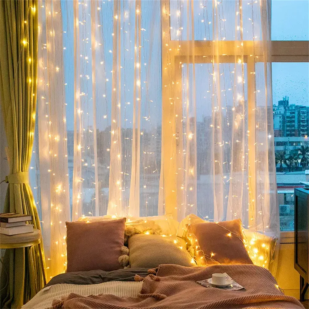 1pc 6x3/3x3/3x2/3x1m USB LED Curtain String Lights EID Mubarak Bedroom Garland Fairy Lamp Wedding Party Home Ramadan Decoration