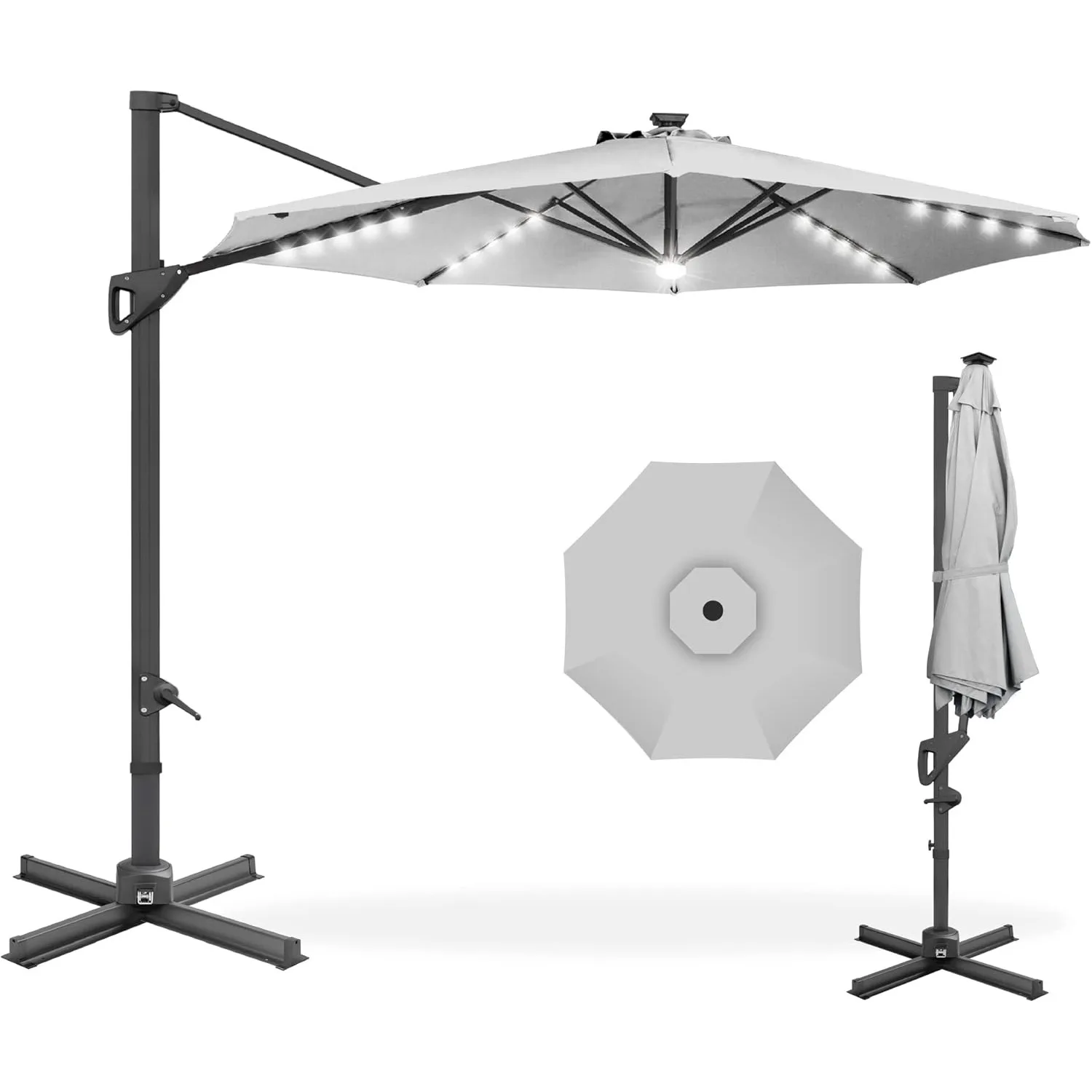 Best Choice Products 10ft Solar LED Cantilever Patio Umbrella 360-Degree Rotation Hanging Offset Market Sun Shade Fog Gray