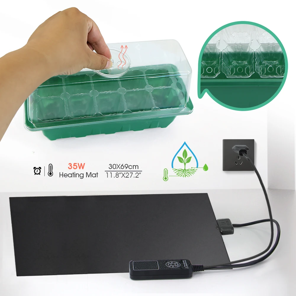 35W Timed Heating Pad Warmer Heat Mat Nursery Trays Kit w/ 10 Cells Seedling Germination Box Indoor Garden Temperature Control