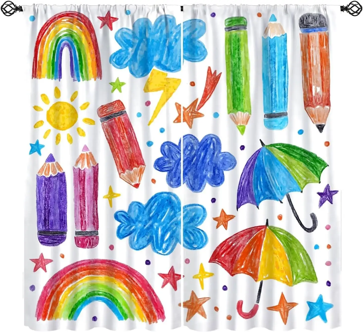 Kids Window Curtains Rainbow Pencil Umbrella Educational Learning Tool Window Treatments for Kids Girls Toddler Bedroom Window