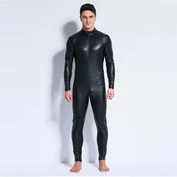 Faux Leather Two Way Long Zipper Crotch Bodysuit Plus Size M-3XL Sexy Men Catsuit Night Club DS Jumpsuit Latex Bodysuit
