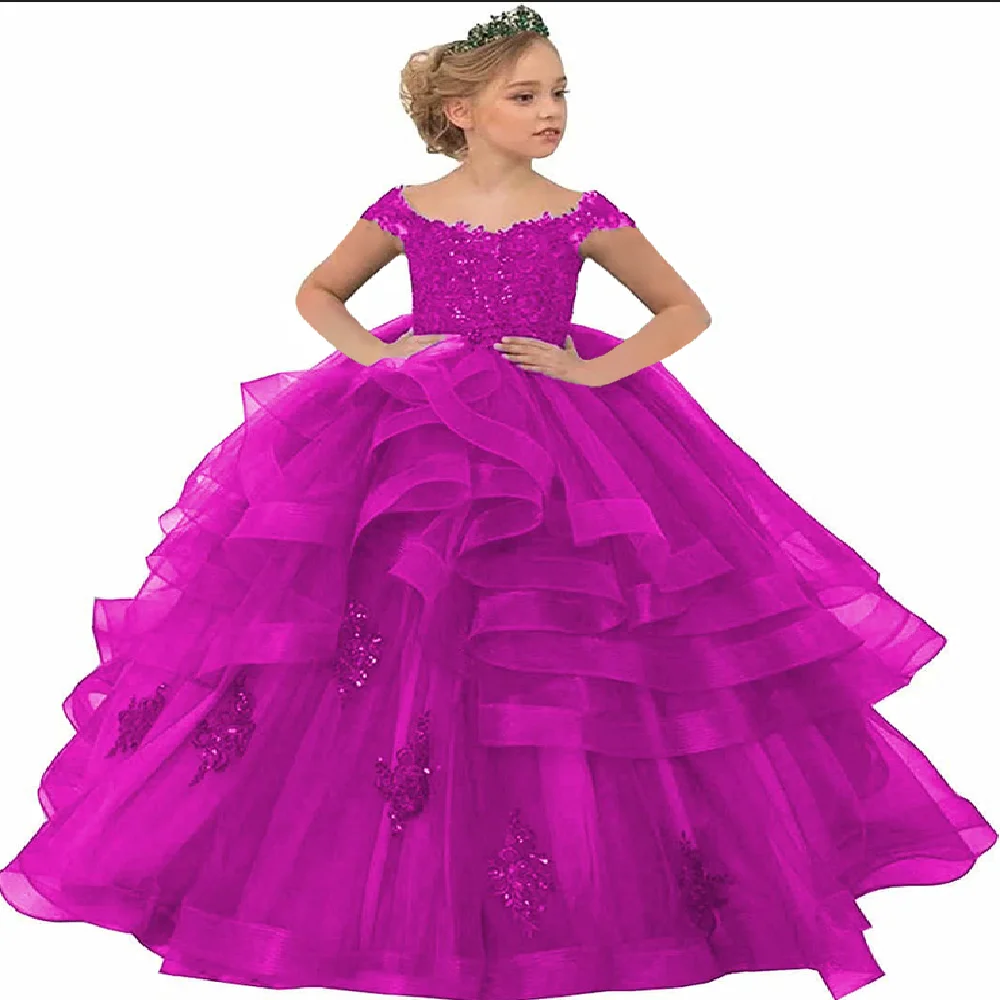 Purple Appliqué Colher Collar Pageant para Baby Ruffles Tulle Flower Girl Dress Para Casamento Princesa Primeira Comunhão Kids Gifts