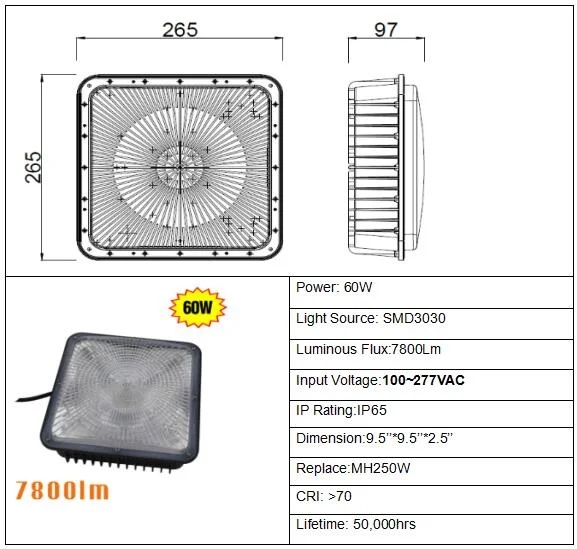 USA Warehouse ETL CETL DLC approved Gas Station Garage 60w surface mounted LED canopy light