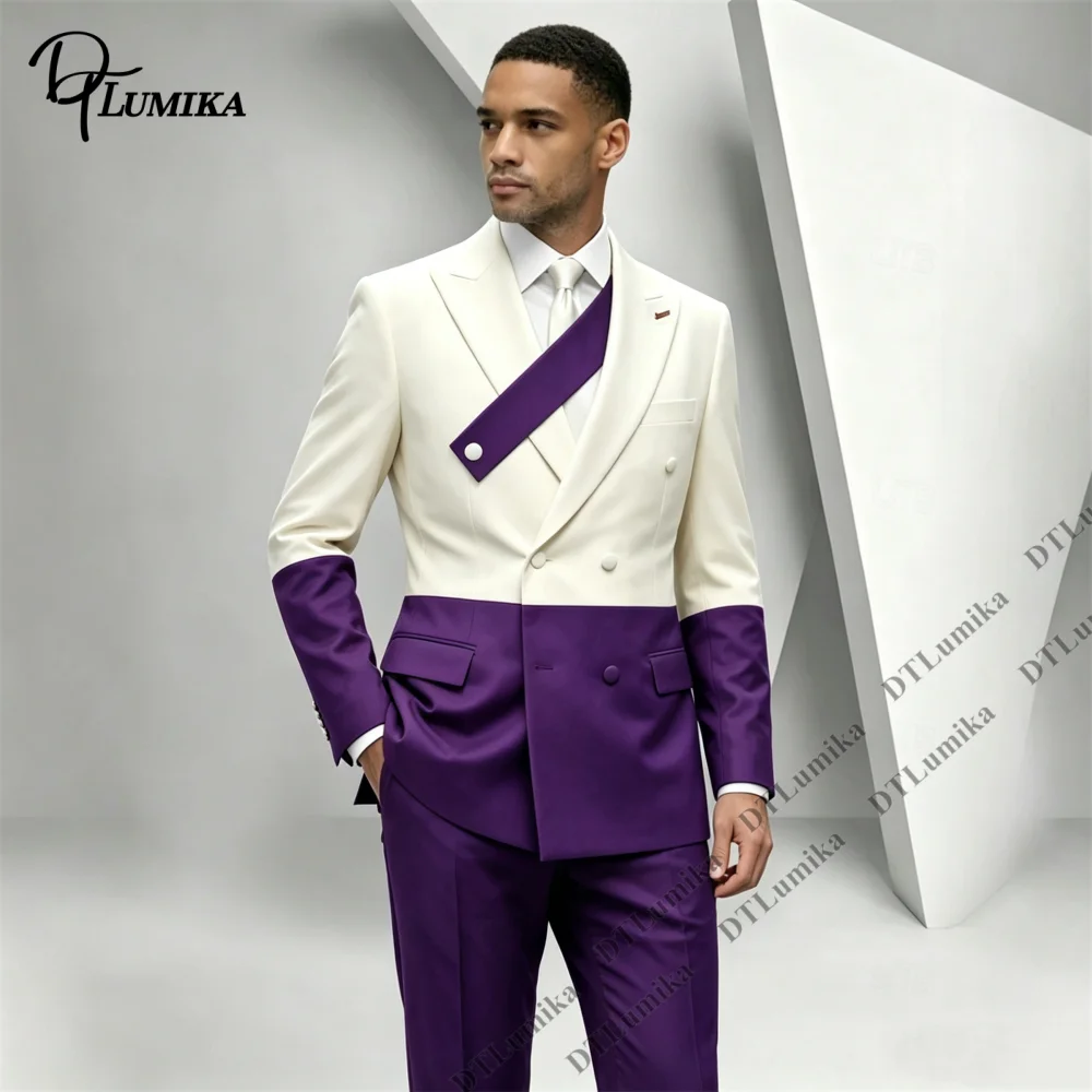 Men's 2 Piece Suit Color Block Double Breasted Blazer Pants Set Bold Fashion Formal Business Wedding Party Tuxedo for Groom Prom