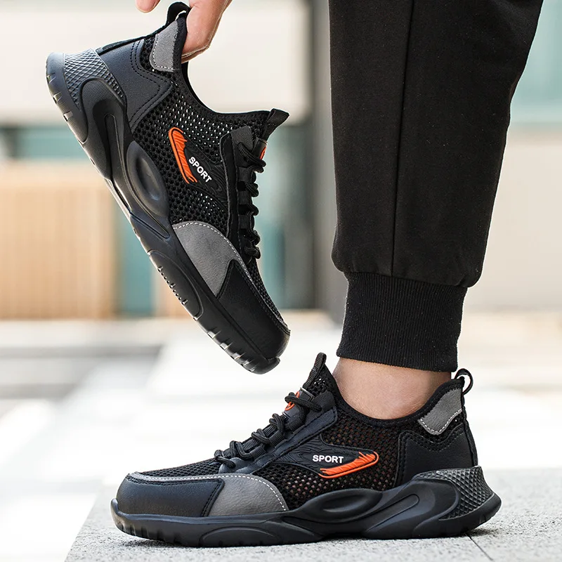 men's casual breathable steel toe caps work shoes air mesh summer safety boots worker tooling security sneakers safe footwear