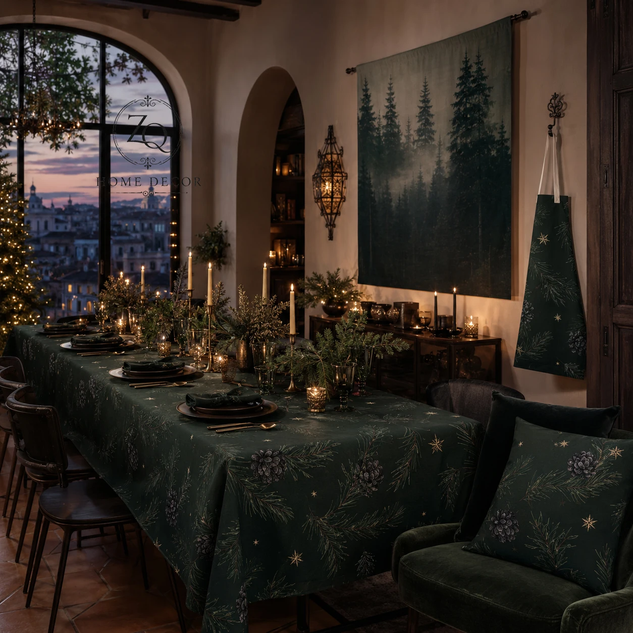 

Stilo Enchanted Forest Tapestry Fog Tablecloth Dark Green Stars Pillowcase Apron 2D Flat Printed Premium Linen