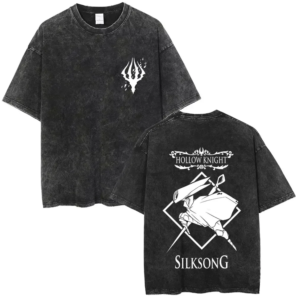 Hollow Knight Vintage Washed Gaming Graphic T-Shirt - Unisex Men's Casual Oversized 100% Cotton Tee for Cosplay & Cartoon Lovers