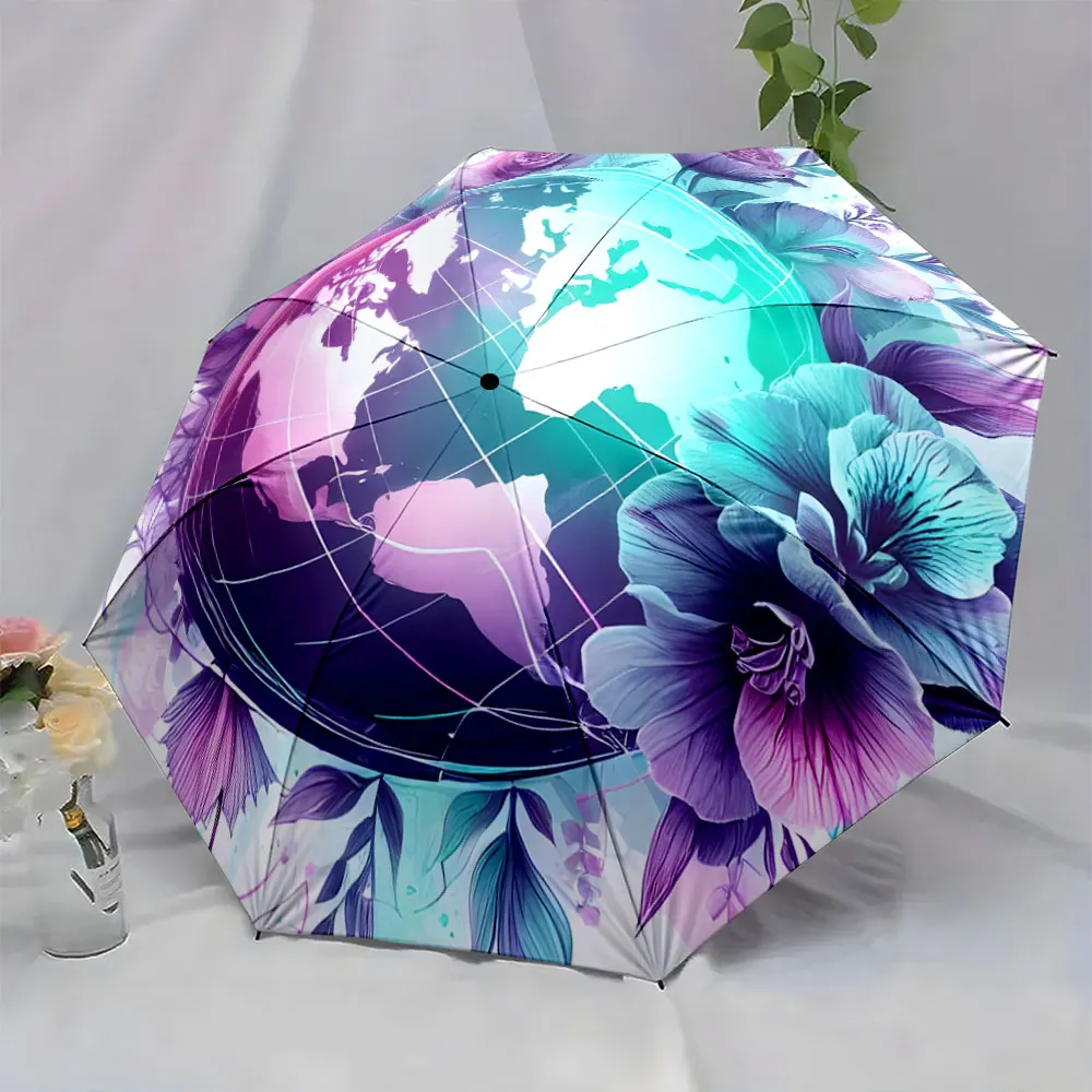 1PC Elegant Floral Globe Design Umbrella for Stylish Protection Print 8 Iron Ribs Folding Umbrella Auto-Open Fashion Sunshade