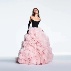 Pretty Pink Floral Tulle Long Maxi Gowns To Wedding Party Dress Off Shoulder A-line Long Fluffy Tulle Bridal Dresses 3D Flower