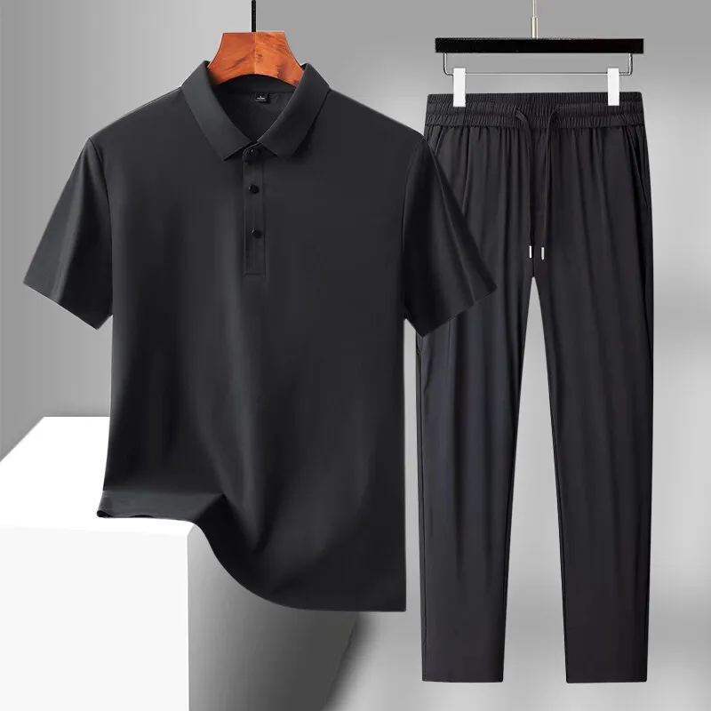 High-Quality Solid Color Ice Silk Short Sleeve POIO & Full-Length Pants Two-Piece Men's Sets Business Casual Tops Tees & Joggers