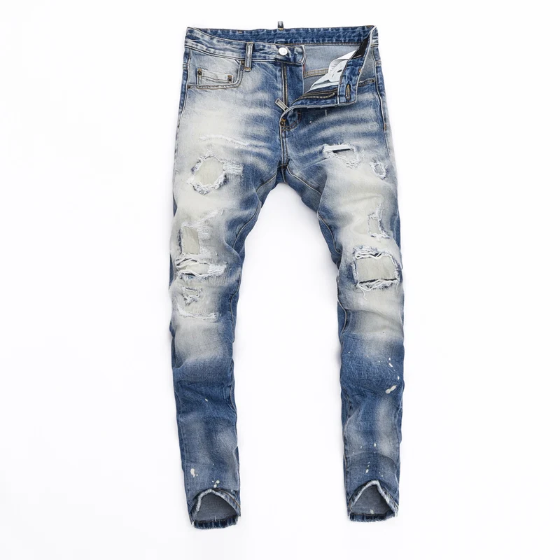 High Street Fashion Men Jeans Retro Blue Stretch Slim Fit Ripped Jeans Men Hole Patched Designer Hip Hop Brand Pants Hombre