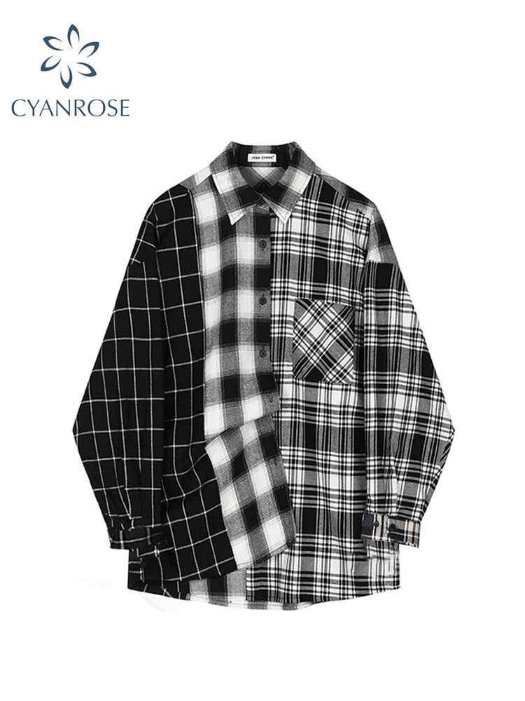 Oversized Plaid Patchwork Blouses Vintage Streetwear Boyfriend Shirt For Ladies Ulzzang Harajuku Long Sleeve 2022 Blusas Tops