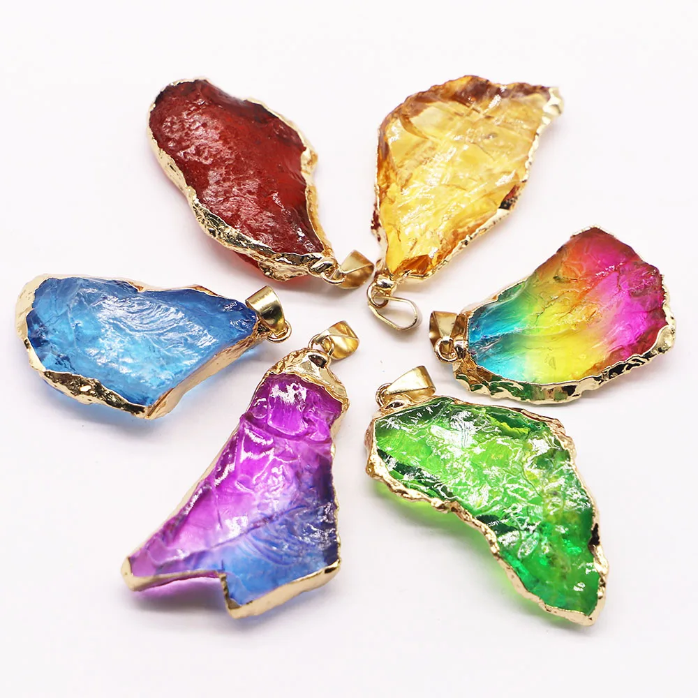 Natural Stone Color Crystal Rough Pendants Necklace Electro Plating Gold Edge Choker DIY Fashion Jewelry Making Accessories 8Pcs