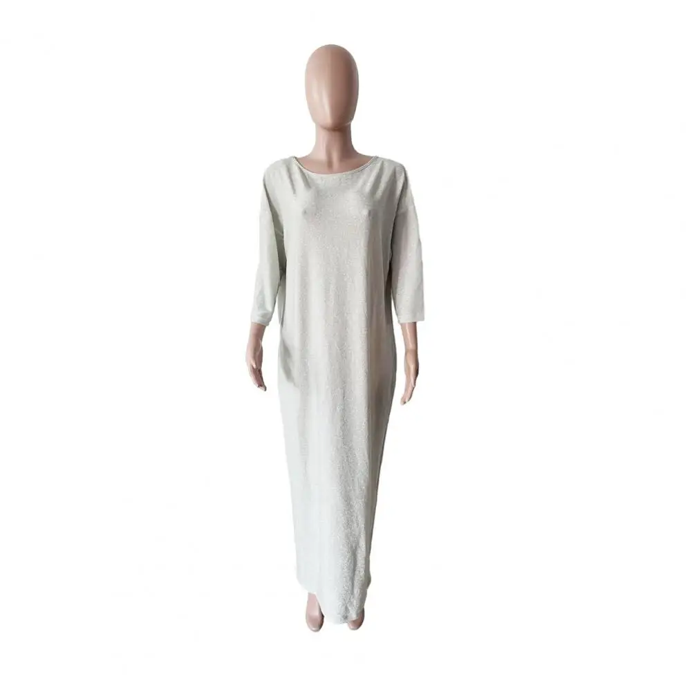 Vestido feminino oversized o pescoço brilhante lantejoulas três quartos manga tornozelo comprimento macio pulôver elegante estilo de viagem senhora maxi vestido