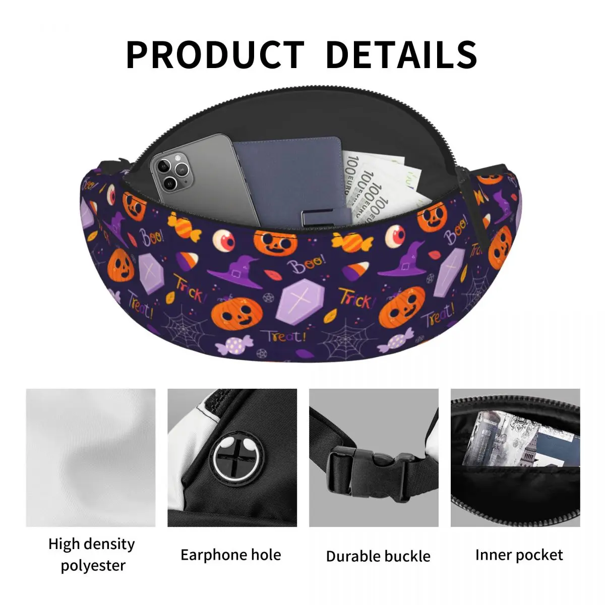 مخصص هالوين القرع الحلوى نمط حزمة مراوح للنساء الرجال بارد Crossbody الخصر حقيبة السفر المشي لمسافات طويلة الهاتف المال الحقيبة
