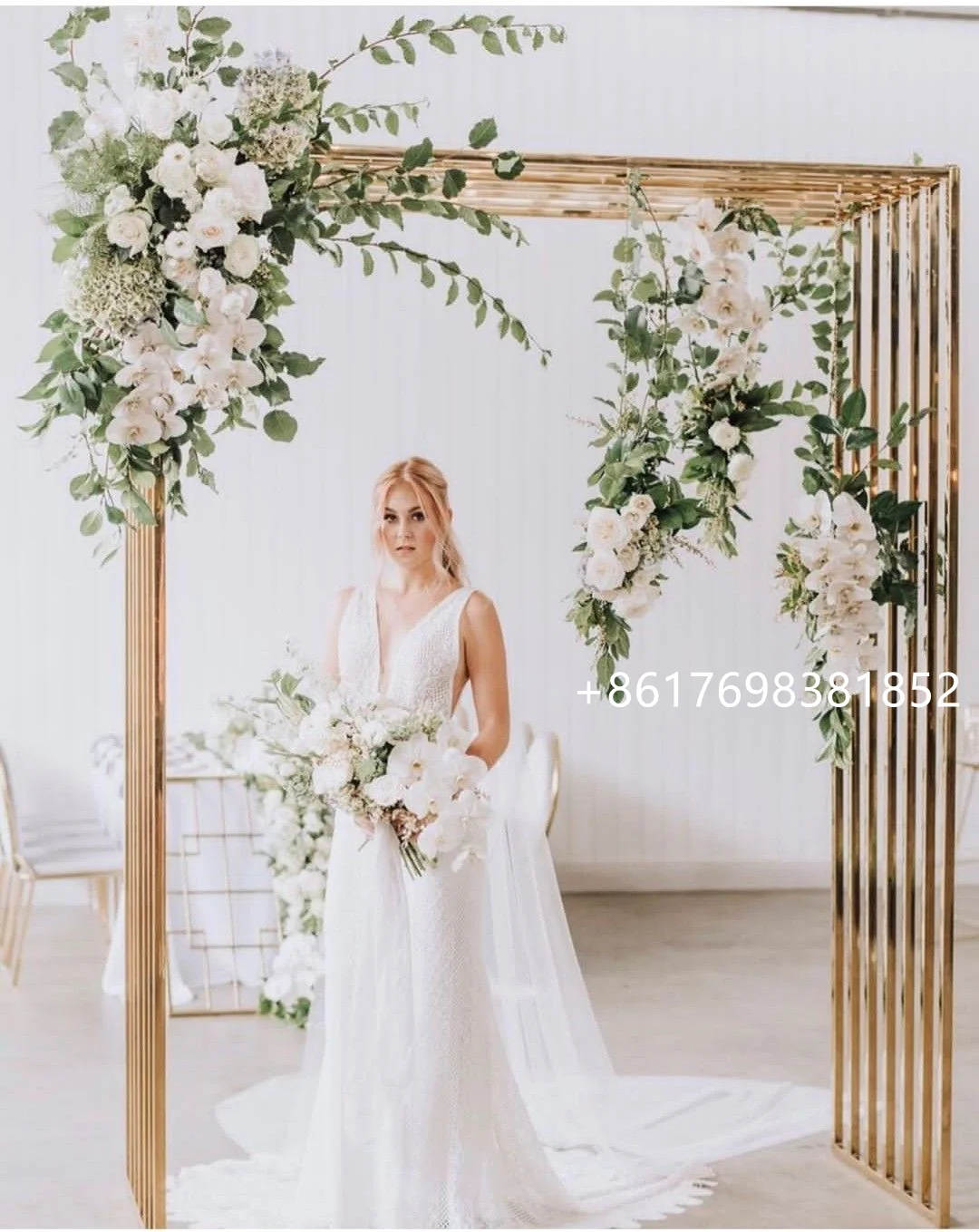 

Rectangle Gold Mesh Top Metal Flower Arch Backdrop For Wedding Events